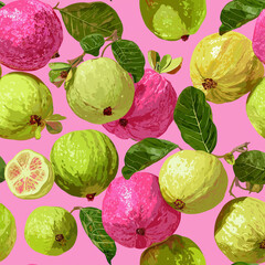 Naklejka premium Fresh guava fruit seamless pattern. Exotic guava repeat design. Tropical fruit background.