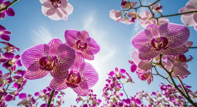 Vibrant pink and white orchids bloom under a clear blue sky, bathed in bright sunlight - Powered by Adobe