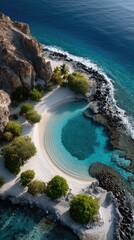 Fototapeta premium Aerial drone view of a secluded tropical island cove with crystal clear turquoise water white sandy beach rugged cliffs lush green vegetation and deep blue ocean under bright sunlight