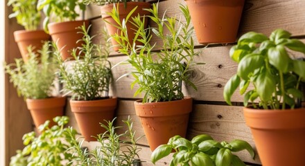 Vertical herb garden with various plants in terracotta pots on a wood panel