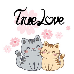 Cute cat couple vector illustration set with the text “True Love” and heart elements. Adorable gray and beige cats sitting together in a sweet, romantic pose. Perfect for Valentine’s Day, wedding 