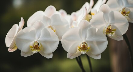 Delicate white orchids bloom against a blurred natural backdrop