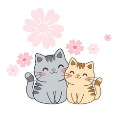 Cute cat couple vector illustration set with the text “True Love” and heart elements. Adorable gray and beige cats sitting together in a sweet, romantic pose. Perfect for Valentine’s Day, wedding 