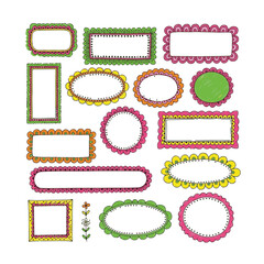 Doodle Hand Drawn Frame Set, Colorful Border Collection with Square, Arch, and Rectangle Shapes, Retro Empty Banner, Poster, Placard, Postal Stamp Decoration