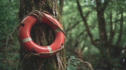 Weathered flotation device secured to the trunk of a tree within a dense forest setting