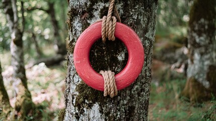 Brightly colored flotation ring secured to a textured tree trunk in a wooded area