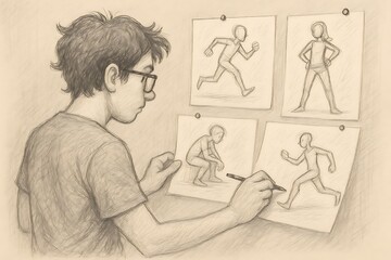 Young Artist Sketching Human Figure Poses