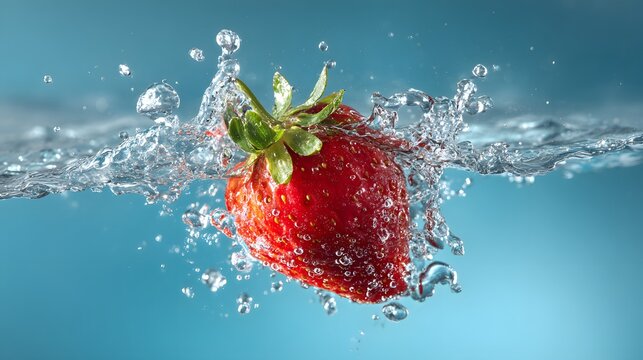 Ripe strawberry plunges into clear blue liquid creating dynamic splash and droplets