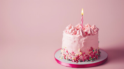 Small pink birthday cake on pink background