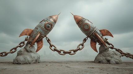 Two steampunk style rockets are tethered together by heavy metal chains on a desolate landscape under a bleak sky