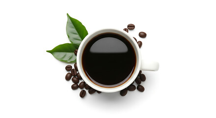 Cup of black coffee with roasted beans and green leaves on table, aromatic hot beverage for breakfast, cafe, and lifestyle concept.