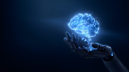 Robotic hand gently supports a glowing digital representation of human intellect