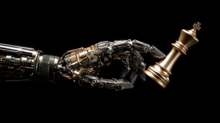 Mechanical appendage holding a golden royalty game piece against a dark background