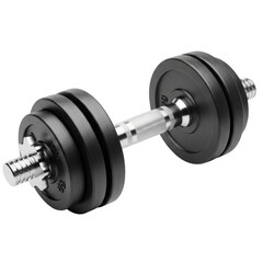 Naklejka premium Adjustable dumbbell with chrome handle and black weight plates for strength training isolated on transparent background