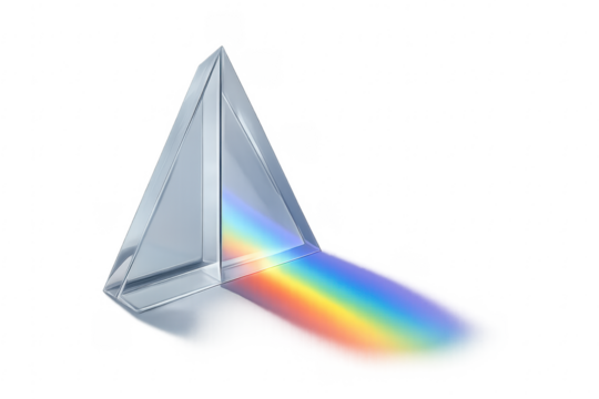 Glass equilateral triangle prism refracting light spectrum