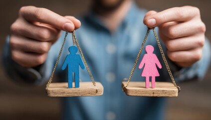 A person holds a balance scale with male and female symbols, representing equality and fairness in society.