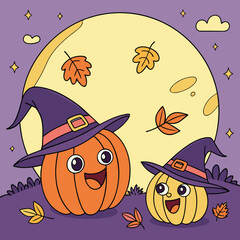 Cute Halloween Pumpkins with Witch Hats under Moon Vector