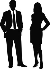 Businessman and businesswoman silhouettes, professional office people vector, corporate attire illustration, leadership concept, modern business team, elegant black silhouettes