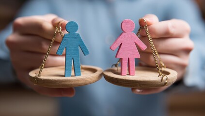 A person holds a scale with gender symbols, representing equality and balance, with a focus on fairness and rights.