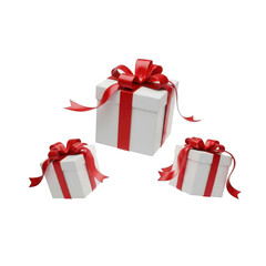 Fototapeta premium Three white gift boxes with red ribbons and bows for special occasions isolated on transparent background