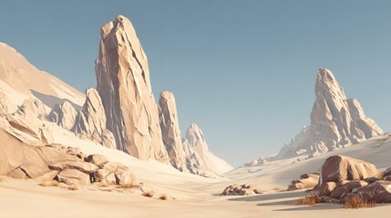 Towering rock formations dominate a vast, arid desert landscape under a clear sky