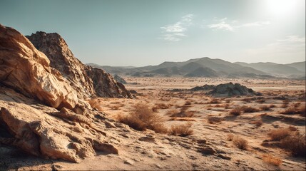 Fototapeta premium Sunlight illuminates rugged terrain featuring large rock formations and distant arid mountain ranges