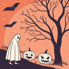 Cartoon Halloween Scene with Ghost, Bats, and Pumpkins Vector Illustration.