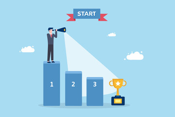 Businessman with telescope on podium looking towards future success and trophy at start line
