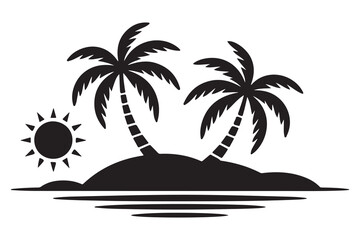 Palm tree and sun silhouette tropical island beach illustration