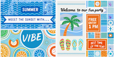 Vibrant summer party invitation with tropical elements and fun graphics