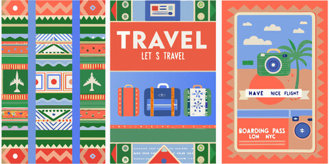 Retro travel illustrations with airplanes suitcases camera and boarding pass designs