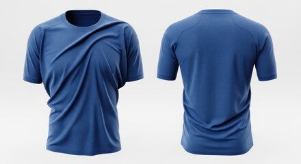 Front and back views of a blue athletic crew-neck tee, rendered on a white backdrop