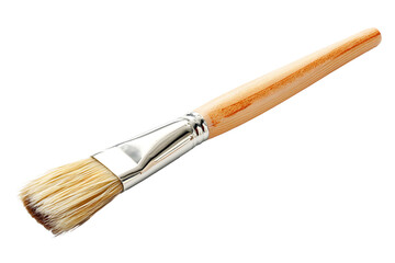 Art paint brush on wooden handle color light brown isolated on cutout PNG or transparent background. Artists, drawing watercolor on walls is beautiful. Paintbrushes is tool for painting and coloring.