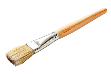 Art paint brush on wooden handle color light brown isolated on cutout PNG or transparent background. Artists, drawing watercolor on walls is beautiful. Paintbrushes is tool for painting and coloring.