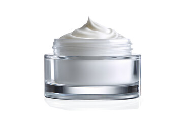 Hygienic white color paint face cream in jar glass clear moisturizer smear. isolated on cut out PNG or transparent background. Makeup cosmetics for women. Beauty facial cosmetic product texture.	