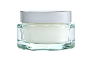 Hygienic white color paint face cream in jar glass clear with lib silver cover. isolated on cut out PNG or transparent background. Makeup cosmetics for women. Beauty facial cosmetic product texture.
