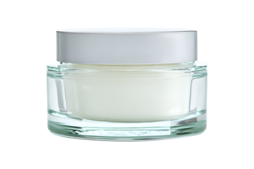 Hygienic white color paint face cream in jar glass clear with lib silver cover. isolated on cut out PNG or transparent background. Makeup cosmetics for women. Beauty facial cosmetic product texture.