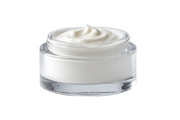Hygienic white color paint face cream in jar glass clear moisturizer smear. Isolated on cut out PNG or transparent background. Makeup cosmetics for women. Beauty facial cosmetic product texture white.