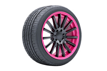 Black tire with wheel alloy car wheels rim fluorescent pink chrome mag wheel black performance auto part decoration isolated on cut out PNG transparent background. Transport vehicles transportation.