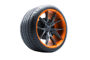 Black tire with wheel alloy car wheels rim fluorescent orange chrome mag wheel black performance auto part decoration isolated on cut out PNG transparent background. Transport vehicles transportation.