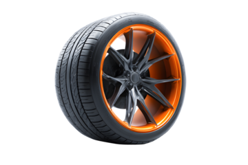 Black tire with wheel alloy car wheels rim fluorescent orange chrome mag wheel black performance auto part decoration isolated on cut out PNG transparent background. Transport vehicles transportation.