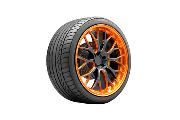 Obraz premium Black tire with wheel alloy car wheels rim fluorescent orange chrome. Mag wheel black performance auto part decoration isolated on cut out PNG transparent background. Transport vehicles transportation