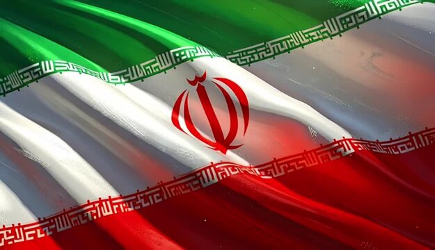 The national flag of Iran proudly waves in the wind, showcasing its vibrant colors and emblem.