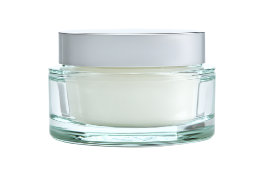 Hygienic white color paint face cream in jar glass clear with lib silver cover. isolated on cut out PNG or transparent background. Makeup cosmetics for women. Beauty facial cosmetic product texture.