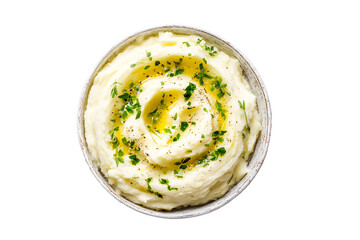 Creamy mashed potatoes served in elegant bowl white ceramic beautifully garnished with swirl of butter and fresh herbs. Emphasizing luxury dining. isolated on cutout PNG or transparent background.