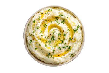 Top-down view of creamy mashed potatoes served in elegant bowl white ceramic beautifully garnished with swirl of butter and fresh herbs. Isolated on cut out PNG or transparent background.