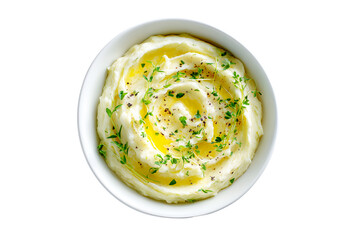 Top-down view of creamy mashed potatoes served in elegant bowl white ceramic beautifully. Isolated on cut out PNG or transparent background. Garnished with swirl of butter and fresh herbs.