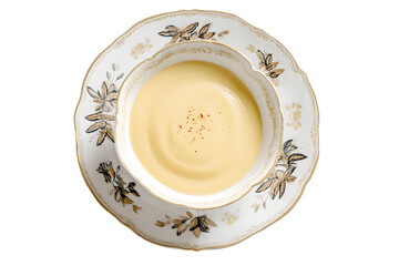 Luxurious bowl of delicious creamy corn soup served in ceramic cups and plates isolated on cut out PNG or transparent background. Highlighting rich texture and gourmet presentation.
