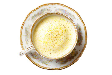 Luxurious bowl of delicious creamy corn soup served in ceramic cup and saucer isolated on cutout PNG or transparent background. Highlighting rich texture and gourmet presentation.