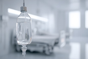 Saline container hanging in hospital steel column side of empty hospital beds for patients with morning sunlight shines through window is blurred background. Copy space for text. Medical science. 